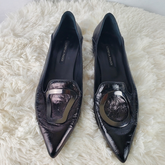 LORENA PAGGI 1203 Black Patent Leather Duo Shape Buckled Loafers Women's Size 40 - Picture 2 of 10